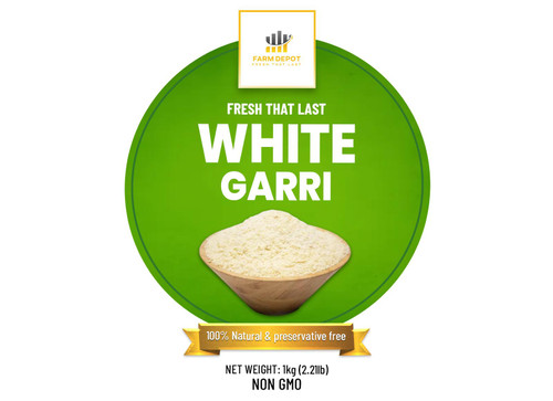 WHITE GARRI (Plain Fermented Cassava Granules)

Authentic White Garri is made from cassava tubers through a process of peeling, washing, grating, fermentation (3-5 days), dewatering, and dry-roasting without any oil addition. This produces the characteristic creamy-white, free-flowing granular flour with a slightly sour taste and acidic pH.
This versatile food can be consumed in multiple ways: as a cold snack soaked in water with groundnuts and sugar (garri soakings ), as a hot meal prepared as eba  (dough) eaten with soups, or as a breakfast porridge. Its affordability, long shelf life, and ease of preparation make it a crucial food security item for everyone.

Nutritional Components (Per 100g dry white garri)

Energy: 380-400 kcal

Carbohydrates: 85-90g

Dietary Fiber: 3-5g

Protein: 1-2g

Fat: <1g 

Moisture: 15.74±0.23% 

Ash: 1-2g

Vitamin A: Minimal

Vitamin C: Trace

B Vitamins: Trace

Potassium: Present

Magnesium: Present

Residual Cyanide: <10 mg/kg

Key Benefits: Extremely low fat content (<1%) ideal for low-fat diets. Good source of carbohydrates for quick energy. Fermentation improves digestibility and reduces anti-nutritional factors. Contains dietary fiber (3-5g) for digestive health. Low to medium glycemic index provides sustained energy. Naturally gluten-free and grain-free. Most affordable staple food option. Long shelf life makes it ideal for food storage and security.

Storage Instructions
Store in airtight, moisture-proof containers in a cool, dry, dark place
 
Shelf life: 12-24 months when properly stored; up to 14+ months with hygienic handling and preservatives
 
Packaging: Plastic containers or polythene bags are superior to paper or jute bags for maintaining quality 
 
Temperature: Room temperature (15-30°C); avoid heat sources

Moisture critical: Higher moisture content (15.74%) than yellow garri makes white garri more susceptible to mold—ensure proper drying before storage
 
Humidity: Store in low humidity environment; moisture causes rapid deterioration
 
Light: Store in dark place to prevent quality degradation
 
Pest protection: Protect against molds (Aspergillus, Penicillium, Fusarium, Rhizopus), insects, and mites
 
Signs of spoilage: Musty or moldy odor, visible mold growth, clumping, sour smell beyond normal fermentation, color changes
 
Quality maintenance: Proper drying during frying to reduce moisture is essential for long shelf life.
 
Hygienic handling: Use clean, dry utensils to prevent contamination