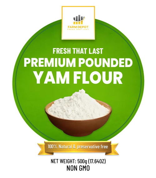 POUNDED YAM FLOUR

Our Premium Pounded Yam Flour gives the authentic taste and texture of traditionally pounded yam without the labor-intensive preparation. Made from carefully selected white yams that are peeled, boiled, dried, and finely milled, this flour produces a smooth, elastic, and fluffy swallow that rivals fresh pounded yam. The flour dissolves smoothly in hot water to create the characteristic stretchy, dough-like consistency that pairs perfectly with Nigerian soups like Egusi, Ogbono, Afang etc. Our pounded yam flour is specially processed to eliminate lumps and ensure a silky, restaurant-quality finish every time. It is ideal for households seeking convenience without compromising on traditional taste.

 Nutritional Components (Per 100g)

Energy: ~400 kcal

Carbohydrates: ~90-95g

Protein: 2-3g

Fat: 0.5-1g

Dietary Fiber: 2-3g

Potassium: High

Vitamin C: Trace amounts

B Vitamins: Present

Key Benefits:  Excellent source of complex carbohydrates for sustained energy, naturally gluten-free, easy to digest, low in fat, provides essential minerals like potassium, convenient alternative to labor-intensive traditional pounding.

 Storage Instructions 
 
Keep in a cool, dry place away from heat and moisture
 
Store in original packaging or transfer to airtight containers
 
Shelf life: 12-24 months when unopened and properly stored
 
Once opened, consume within 6 months for best texture and taste
 
Protect from humidity to prevent clumping
 
Do not refrigerate unless in humid climates (can cause condensation)
 
Seal tightly after each use to maintain freshness.