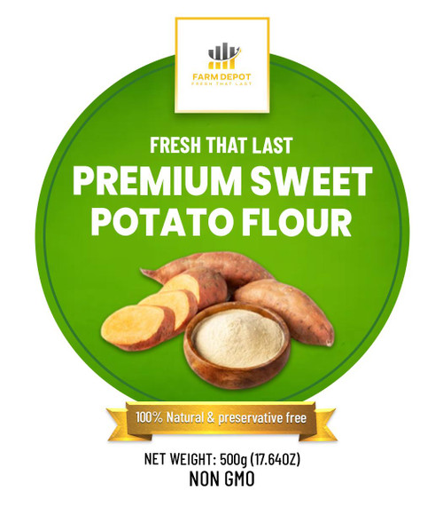 SWEET POTATO FLOUR

Our Nutrient-Rich Sweet Potato Flour is made from carefully selected, premium orange-fleshed sweet potatoes that are washed, sliced, dried, and finely milled into a vibrant, naturally sweet flour. This versatile flour serves as a nutritious alternative to wheat flour and can be used for swallow foods, baking, thickening soups, or making pancakes and pastries. Sweet potato flour imparts a subtle natural sweetness and beautiful golden-orange hue to dishes while delivering superior nutritional value. It's an excellent choice for health-conscious consumers, diabetics (in moderation), and those seeking gluten-free alternatives with enhanced nutritional profiles.

 Nutritional Components (Per 100g / Per 28g Serving)

*Per 100g* 

Energy: 375-400 kcal

Protein: 3.6-4g

Fat: 1-1.5g

Carbohydrates: 82-87g

Dietary Fiber: 7-8g

Sugars: 14-16g

Sodium: 140-150mg

Vitamin A: 857 µg RAE

Vitamin C: 30mg

Potassium: 738mg

Calcium: 36mg

Iron: 1.3mg

 Key Benefits:  Exceptional source of Vitamin A (beta-carotene) for eye health and immune function, high fiber content supports digestive health and blood sugar regulation, contains resistant starch that feeds beneficial gut bacteria, naturally sweet flavor reduces need for added sugars, rich in antioxidants, lower glycemic impact compared to regular flour, supports heart health through potassium content.

 Storage Instructions
 
Store in a cool, dark, dry place in airtight containers
 
Shelf life: 12-18 months when properly stored
 
Protect from light to preserve Vitamin A content and prevent oxidation
 
Once opened, use within 6-9 months for optimal nutritional value
 
Can be refrigerated or frozen to extend shelf life up to 2 years
 
Keep moisture-free to prevent caking and mold
 
Store at temperatures below 25°C for best quality retention
 
Check for any off-odors before use, as sweet potato flour can become rancid if exposed to heat