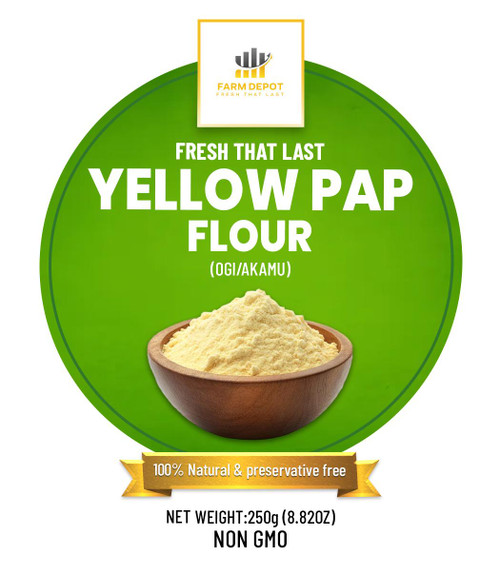 YELLOW PAP FLOUR (Ogi/Akamu)

Our Premium Yellow Pap Flour (Ogi/Akamu) is a traditional fermented cereal gruel made from carefully selected yellow maize. Following authentic Nigerian processing methods, the maize undergoes a 72-hour fermentation period, which develops the characteristic tangy flavor, smooth texture, and enhances digestibility. The fermented maize is then dried and finely milled into an easy-to-use flour that instantly reconstitutes into the beloved breakfast porridge enjoyed across Nigeria. This nutrient-rich flour delivers a natural golden-yellow color and subtle sweetness from the yellow maize, making it ideal for infants, children, and adults seeking a light, easily digestible meal. Our yellow pap flour eliminates the lengthy traditional preparation process while preserving all the probiotic benefits and authentic taste of homemade ogi.

 Nutritional Components (Per 100g of prepared pap)

Energy: ~41 kcal (173.8 kJ)

Protein: 0.77g

Fat: 0.08g

Carbohydrates: 9.06g

Dietary Fiber: 0.5g

Water: 89.8g

Ash: 0.08g

Calcium: 3.29mg

Iron: 0.095mg

Magnesium: 4.2mg

Phosphorus: 10mg

Potassium: 7.59mg

Sodium: 0.61mg

Zinc: 0.13mg

Copper: 0.36mg

Vitamin A (RAE): 1µg

Beta-Carotene:15µg

Thiamin (B1):0.01mg

Riboflavin (B2): 0.004mg

Niacin (B3): 0.1mg

Vitamin B6: 0.01mg

Key Benefits:  Fermentation enhances nutrient bioavailability and digestibility, naturally gluten-free, easy to digest for infants and convalescents, contains beneficial lactic acid bacteria from fermentation, low in fat, quick source of energy.

Storage Instructions
 
Store in a cool, dry place in airtight, moisture-proof packaging
 
Shelf life: 6-12 months when properly stored in dry form
 
Critical: Keep completely dry—moisture causes rapid spoilage and fermentation
 
Once reconstituted into wet pap, refrigerate and consume within 24-48 hours
 
Seal tightly after each use to prevent insect infestation and moisture absorption
 
Store at room temperature below 25°C; refrigeration not necessary for dry flour
 
Check regularly for any off-odors or mold growth, especially in humid climates
 
For extended storage, can be frozen in airtight containers for up to 2 years.