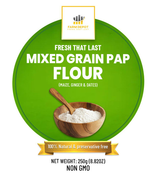 MIXED GRAIN PAP FLOUR (MAIZE, GINGER & DATES)
 
Our Premium Mixed Grain Pap Flour is a traditional Nigerian fermented cereal blend that combines the wholesome energy of Maize with the therapeutic warmth of Ginger and the natural sweetness of Dates. This innovative formulation transforms the classic Ogi/Akamu into a nutrient-dense superfood while maintaining the authentic taste and smooth texture. The maize undergoes a traditional 72 hour fermentation process, which enhances digestibility, increases nutrient bioavailability, and develops the characteristic tangy flavor. Premium ginger powder is carefully incorporated to add a warming, aromatic spice that aids digestion, reduces inflammation, and boosts immune function. Finely milled dried dates provide natural sweetness, eliminating the need for added sugar.
This super food is perfect for breakfast, infant weaning, convalescent feeding, or as a nutritious energy boost. The natural sweetness from dates makes it particularly appealing to children and those reducing refined sugar intake.

 Traditional Preparation: Simply mix the flour with cold water to form a smooth paste, then stir into boiling water until thickened to your desired consistency. Serve warm with milk, honey, or traditional accompaniments.

 Nutritional Components (Estimated per 100g of dry flour blend)

Energy: ~360-380 kcal

Protein: 8-9g

Fat: 2.5-3.5g

Carbohydrates: 78-82g

Dietary Fiber: 5-7g

Sugars (natural): 15-20g

Ash: 1.5-2g

Calcium: 45-60mg

Iron: 3-4mg

Magnesium: 60-80mg

Phosphorus: 220-280mg

Potassium: 450-550mg

Zinc: 1.5-2mg

Manganese: 0.8-1.2mg

Copper: 0.3-0.4mg

Vitamin B6: 0.4-0.6mg

Niacin (B3): 2-3mg

Folate (B9): 40-60µg

Vitamin C: 3-5mg

Storage Instructions

Store in a cool, dry, dark place in airtight, moisture-proof packaging
 
Shelf life: 6-9 months at room temperature when properly sealed
 
Optimal storage temperature: 15-25°C (59-77°F)
 
Humidity: Keep below 50% relative humidity to prevent caking and mold

 Critical Storage Considerations:
 
This blend is highly hygroscopic due to the date content
 
Use high-barrier laminated packaging with oxygen absorbers
 
Include desiccant packets in larger containers
 
Once opened, transfer to airtight glass or plastic containers with tight-fitting lids 
 

Serving Suggestions: 
 
Traditional: With Akara (bean fritters), Moin-Moin , or Okpa 
 
Sweet: With honey, milk, and groundnuts
 
Savory: With dried fish powder or crayfish seasoning
 
Modern: As smoothie base with banana and yogurt.