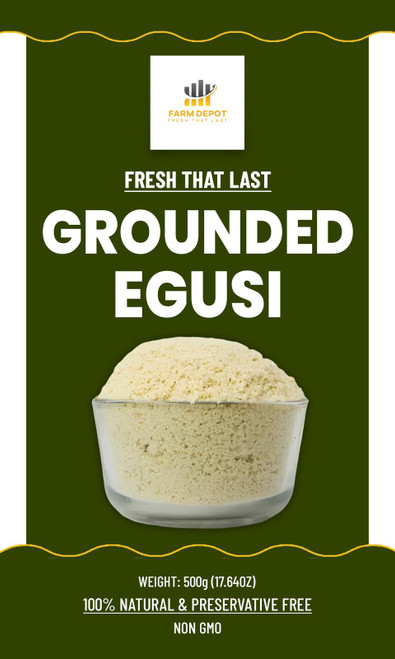 GROUNDED EGUSI (Ground Melon Seeds)
Premium Grounded Egusi is produced from high-quality melon seeds that are carefully cleaned, dried, and finely milled. It is widely used in preparing traditional dishes like egusi soup, offering a rich, nutty flavor and thick, creamy texture. This ready-to-use powder ensures convenience, consistency, and superior taste for everyday cooking.

Nutritional Components (Per 100g – Approximate)

Energy: 550–650 kcal

Protein: 25–30g

Fat: 45–50g (healthy unsaturated fats)

Carbohydrates: 10–15g

Fiber: 3–5g

Calcium: High

Iron: Moderate

Magnesium & Zinc: Present

Health Benefits: Excellent source of plant-based protein, Supports muscle growth and repair, Promotes heart health due to healthy fats, Rich in minerals for bone strength

Storage Instructions

Store in a cool, dry place

Keep tightly sealed in an airtight container

Refrigerate or freeze for longer shelf life

Keep away from moisture to prevent mold

Always use a clean, dry scoop