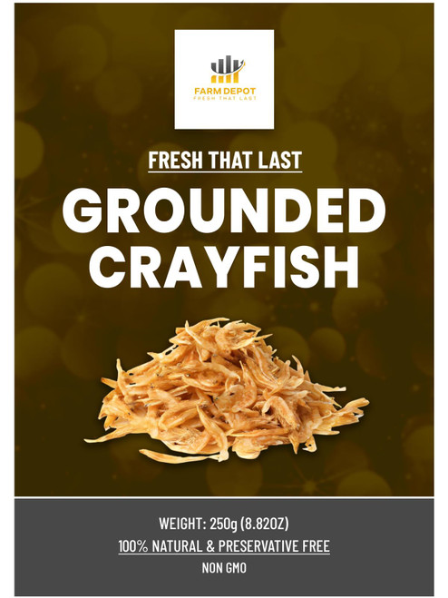 GROUNDED CRAYFISH (Powder)
Premium Ground Crayfish is a fine, aromatic powder produced by milling whole dried crayfish into a smooth, orange-brown seasoning. This convenient form delivers the same intense umami flavor and nutritional benefits as whole crayfish but in an easy-to-use format that dissolves readily into soups, stews, and sauces. The grinding process releases essential oils and concentrates the flavor, making it a potent seasoning for traditional Nigerian dishes such as egusi soup, ogbono soup, vegetable soups, jollof rice, and as a flavor enhancer for beans and porridges. Each batch is carefully processed to maintain consistent texture and maximum flavor potency.

Nutritional Components (Per 100g serving) 

Calories: ~300-350 kcal

Protein: 60-70g

Fat: 10-14g

Carbohydrates: 0-5g

Dietary Fibre: 2g

Omega-3 Fatty Acids: Present

Omega-6 Fatty Acids: Present

Key Minerals: High in calcium, phosphorus, iron, magnesium, zinc, and selenium.
Amino Acids: Complete protein profile with all essential amino acids, particularly rich in lysine.

Key Benefits: Concentrated source of high-quality protein (60-70%) in an easily dispersible form. The powder format allows for better distribution of nutrients throughout dishes. Contains heart-healthy omega-3 fatty acids and provides essential minerals in a highly bioavailable form. The fine texture ensures quick incorporation into recipes while maintaining the authentic flavor profile of traditional Nigerian cuisine.

Storage Instructions 
 
Store in airtight, moisture-proof containers in a cool, dry, dark place
 
Recommended storage temperature: 15-20°C (59-68°F)
 
Relative humidity must be below 50% to prevent caking and mold growth
 
Shelf life: 12-18 months unopened; 6 months after opening
 
Keep away from strong odors as powder can absorb smells
 
If clumping occurs, break apart and use immediately; discard if mold appears
 
For maximum freshness, refrigerate after opening (extends shelf life to 9 months)
 
Use dry utensils only to prevent moisture contamination