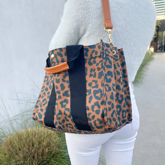 "Kylie" Leopard Nylon Tote with Leather Accents