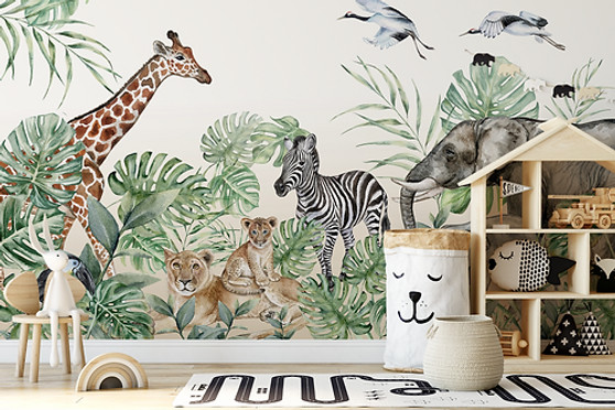 Wild Life Safari Giraffe Elephant Zebra Lion Cub Palm Trees Removable Wallpaper