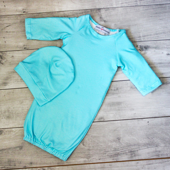 Teal baby gown and hat