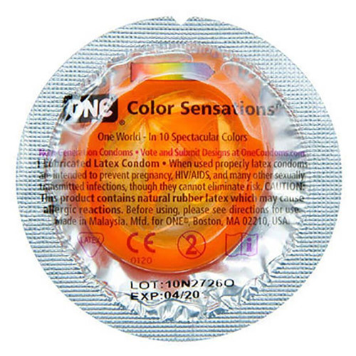 Back of packaging of single Color Sensations Condom