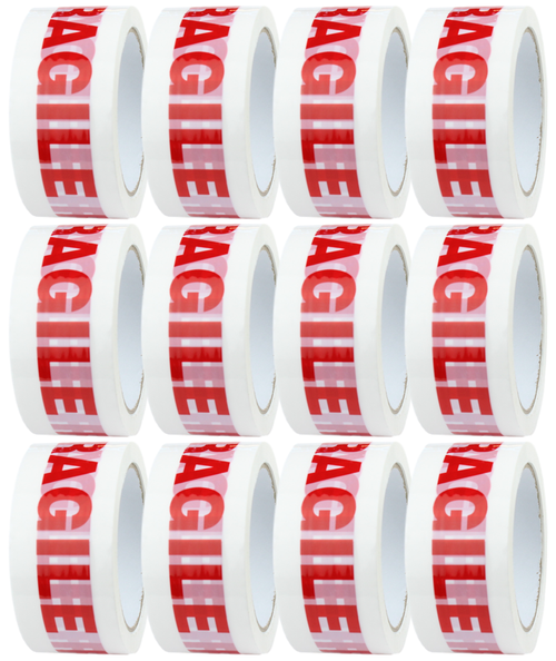 12 Rolls - FRAGILE Printed Parcel Tape - Low Noise - 48mm x 66m