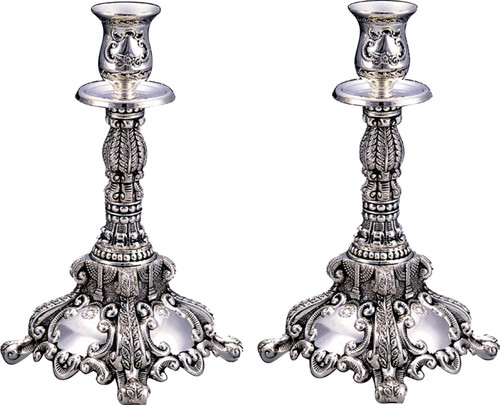 Candlesticks | Shabbat Theme Silver Pair /25cm