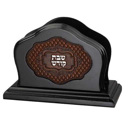 Napkin Holder | Elegant Dark Brown With Leather Like Plaque 'Shabbat Kodesh'