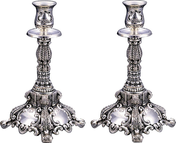 Candlesticks | Shabbat Theme Silver Pair /25cm