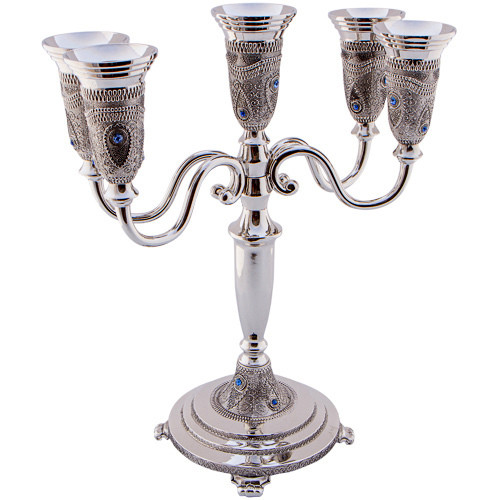 Candlesticks | Nickel Geometric Design in Filigree and Decorative Stones Nickel "Diamonds" With Filigree, 5 Branch /27cm