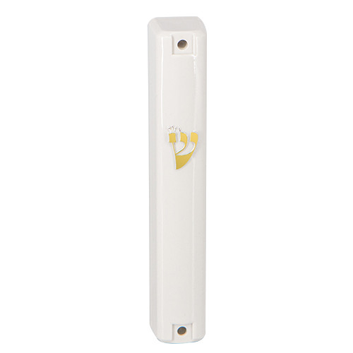 Mezuzah Case | White With Gold Shin | Plastic With Rubber Cork /15cm