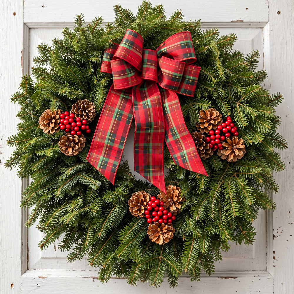 Country Plaid fresh balsam Christmas wreath with tartan bow, pinecones and red berries on a white wooden door