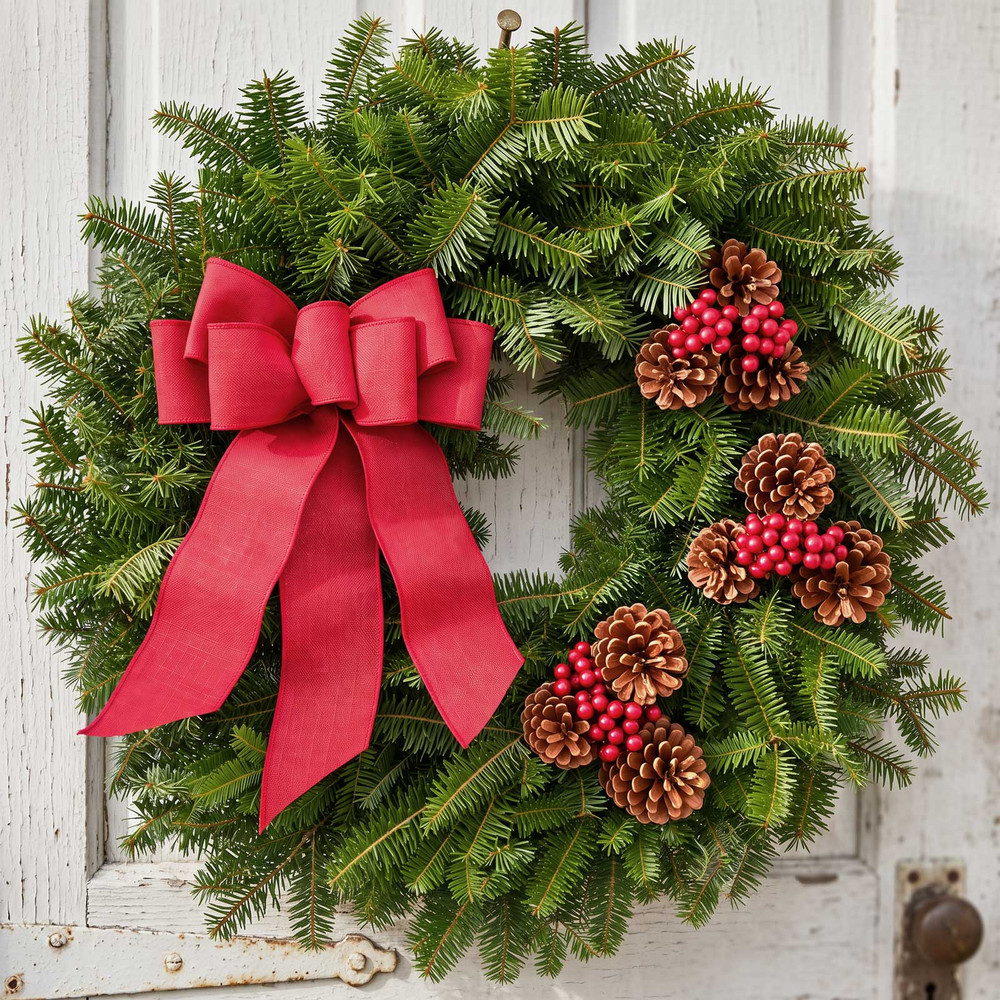 Cape Elizabeth fresh Maine balsam Christmas wreath with cranberry linen bow, pinecones and red berries on a white wooden door