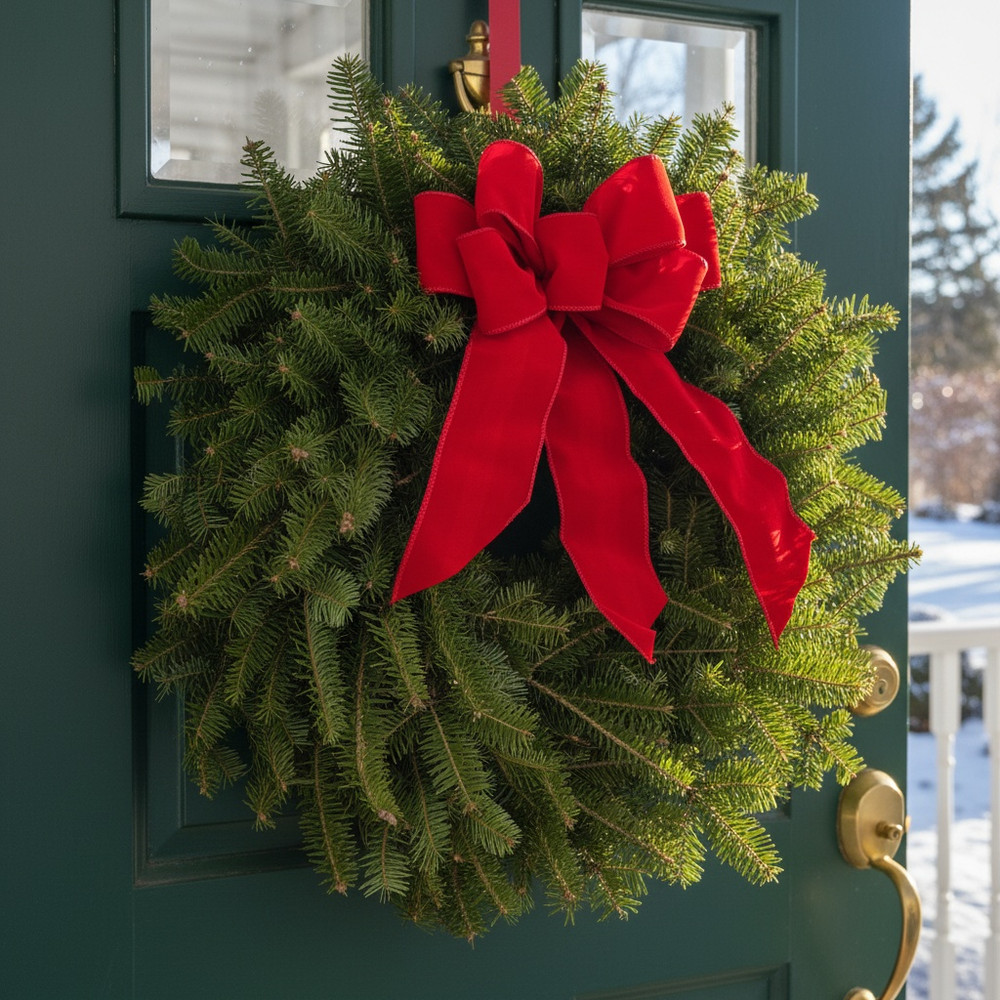 A close-up of the Classic Maine wreath on a dark green wooden door, highlighting the vibrant red velvet bow and fresh balsam needles.