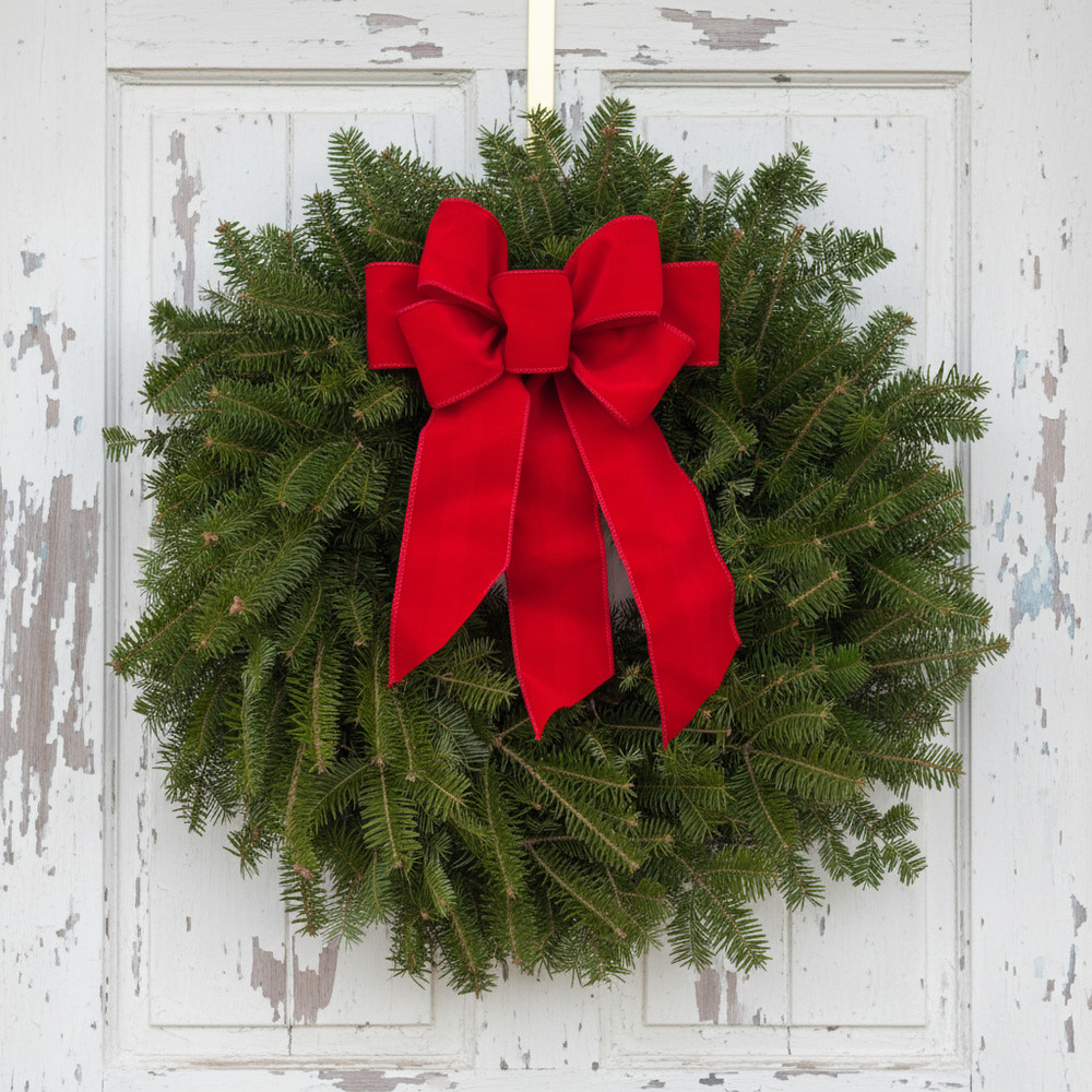 A close-up view of the Classic Maine balsam wreath with a red velvet bow hanging on a white, weathered farmhouse door.