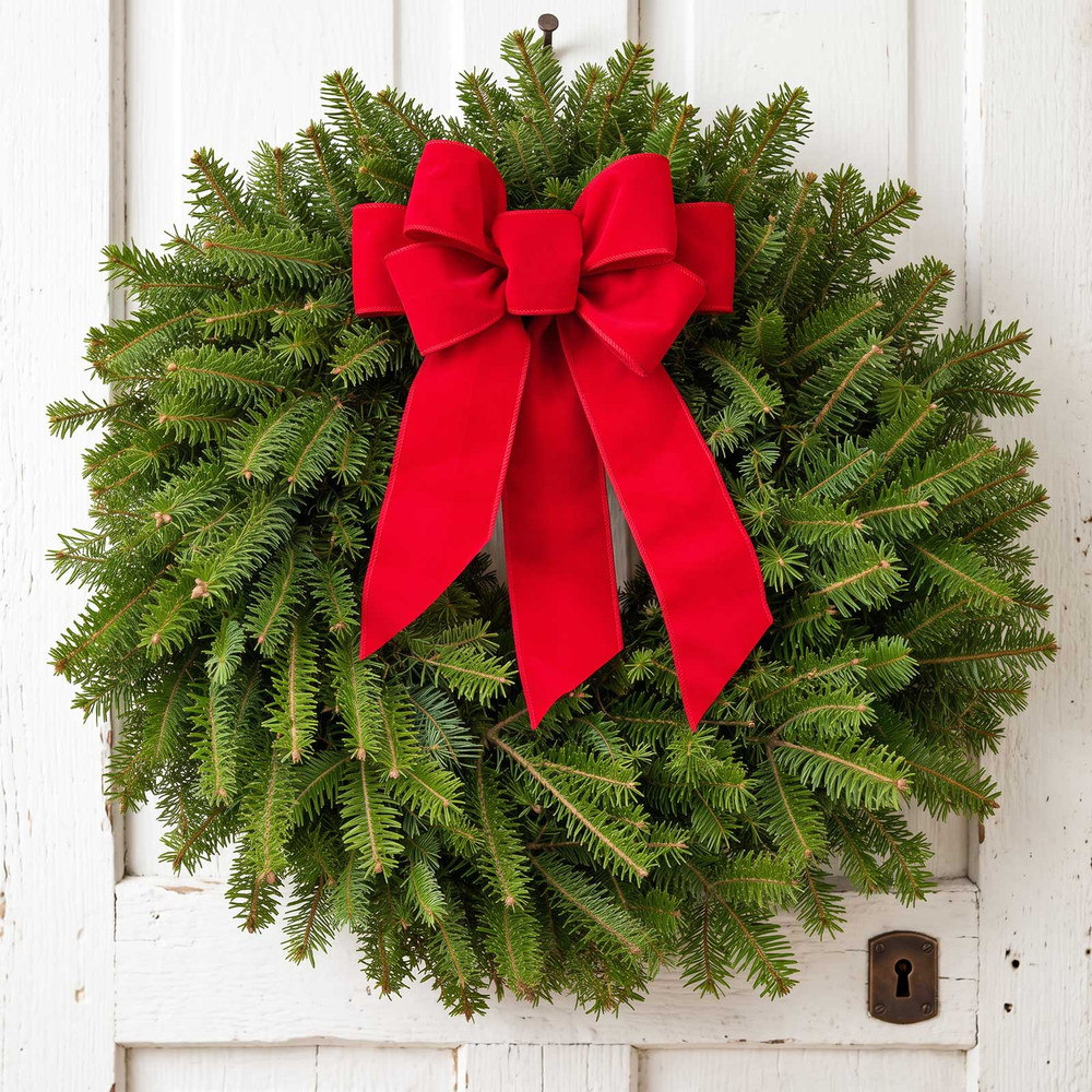 Fresh Maine balsam Christmas wreath with red velvet bow on a white door