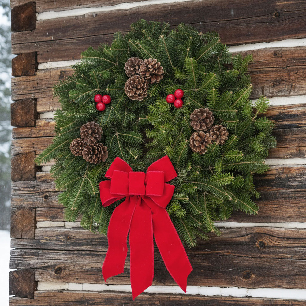 A lush Downeaster fresh Maine balsam wreath with an old-fashioned bottom bow hanging on a weathered log cabin wall.