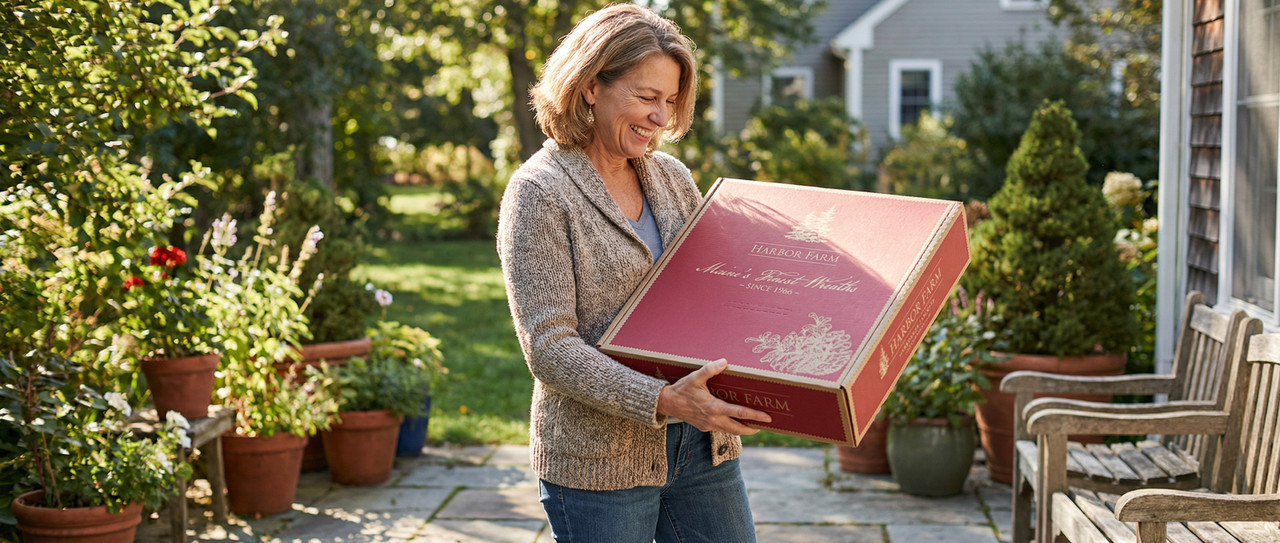 A smiling woman holding Harbor Farm's signature red gift box, ready to deliver a forest-fresh Maine wreath