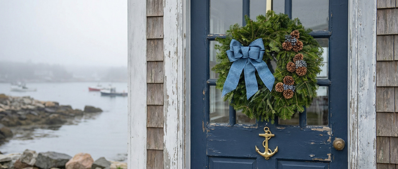 The Bar Harbor fresh balsam wreath hanging on a weathered blue door with a brass anchor overlooking a misty Maine harbor.