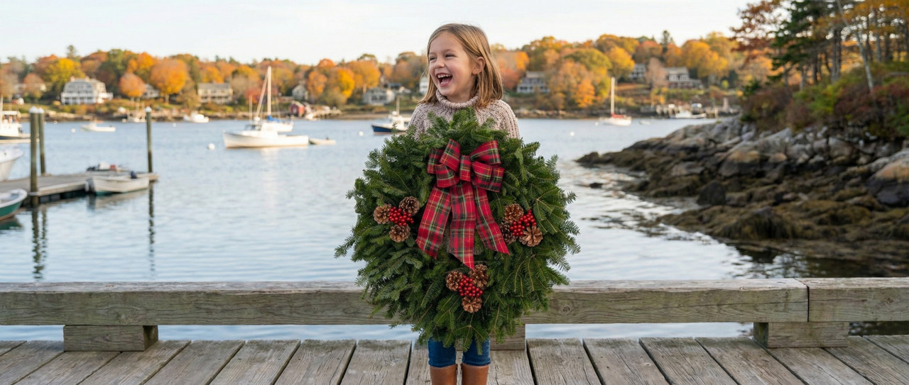 A young girl laughing while holding a Country Plaid fresh balsam wreath on a wooden pier with fishing boats in the background.