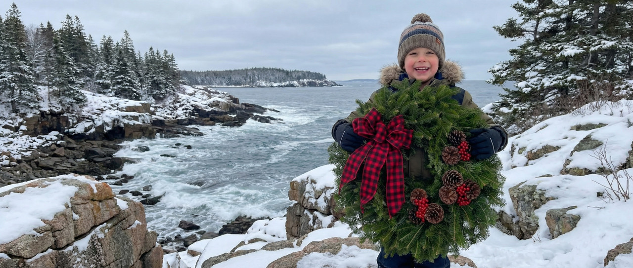 A young boy in a winter hat holding a Buffalo Plaid fresh Maine balsam wreath on a snowy shore overlooking the ocean.