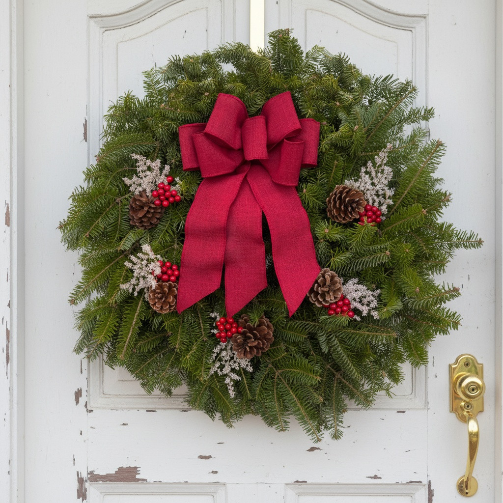 A luxury Winterberry fresh Maine balsam wreath with a cranberry linen bow and hand-added German white statice displayed on a white distressed door.