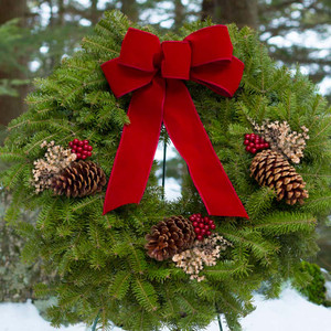 Acadia Fresh Christmas Wreath with Dark Red Velveteen Bow
A handcrafted Acadia Fresh Christmas Wreath, featuring fragrant balsam fir, pine cones, clusters of faux red berries, and delicate white German statice. The hand-tied dark red velveteen bow adds a touch of elegance to this simple yet classic holiday wreath.