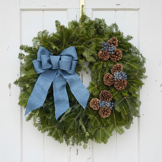 Bar Harbor Fresh Maine Balsam Wreath with Blue Linen Bow