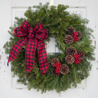 Buffalo Plaid Fresh Maine Balsam Wreath with Flannel Bow