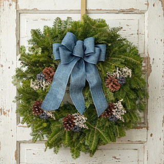 Blueberry Fresh Maine Balsam Wreath with Blue Linen Bow