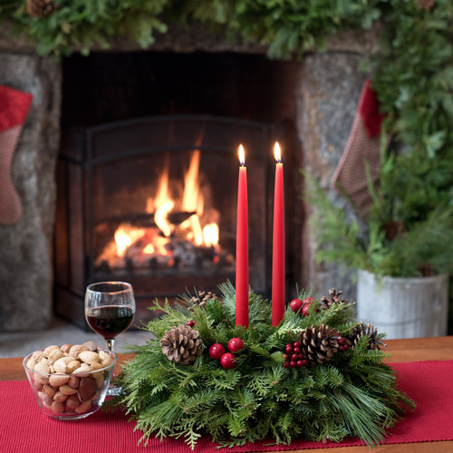 New England Christmas Table Centerpiece with Holly Red Candles
A handcrafted New England Christmas Table Centerpiece made with fresh balsam fir, pine cones, faux cherries, and berries. Finished with two holly red dripless taper candles, this centerpiece is perfect for adding festive cheer to your holiday table. New England Christmas Table Centerpiece with Holly Red Candles
A handcrafted New England Christmas Table Centerpiece made with fresh balsam fir, pine cones, faux cherries, and berries. Finished with two holly red dripless taper candles, this centerpiece is perfect for adding festive cheer to your holiday table.
