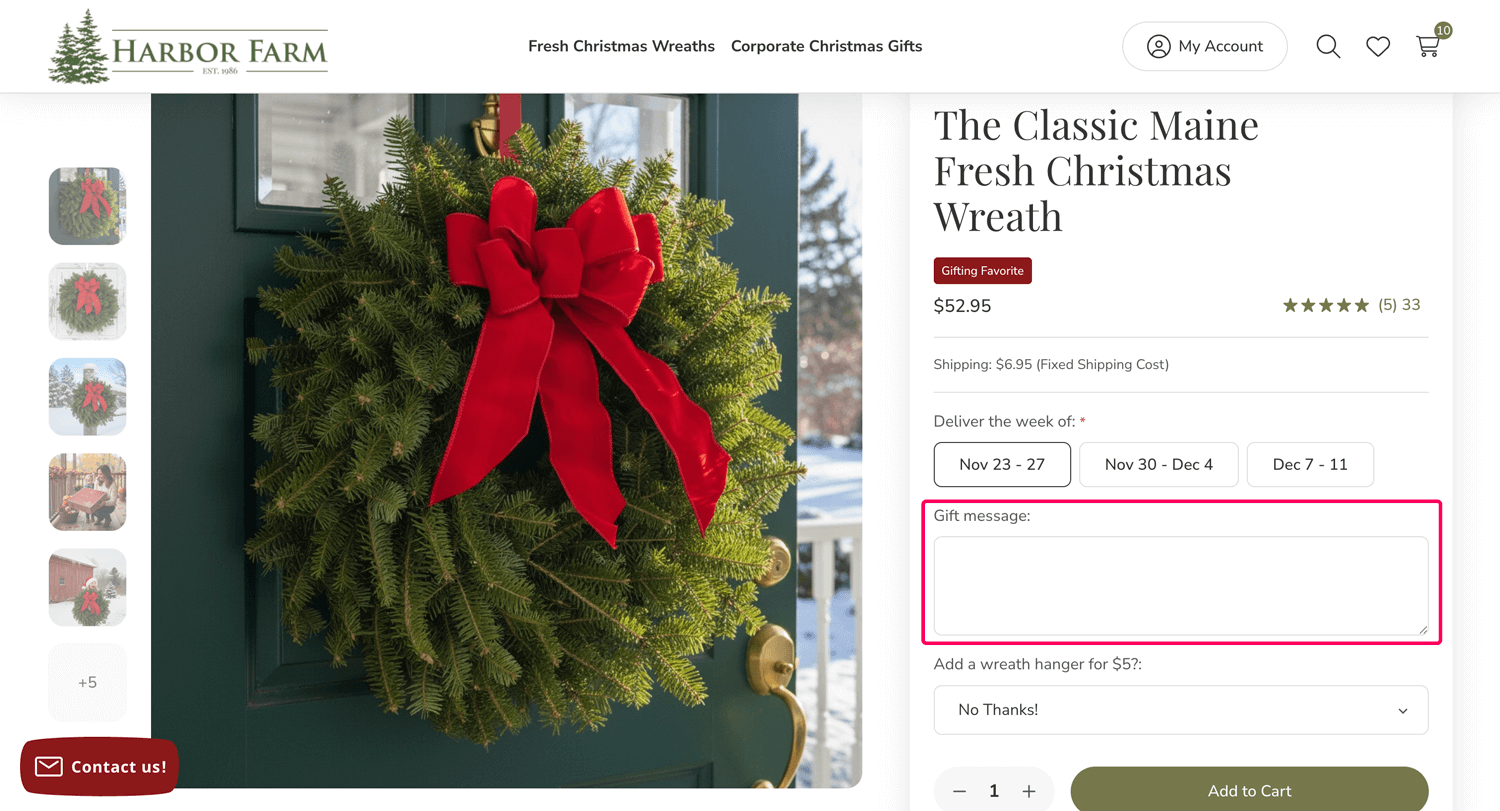 Product page showing the Gift message field