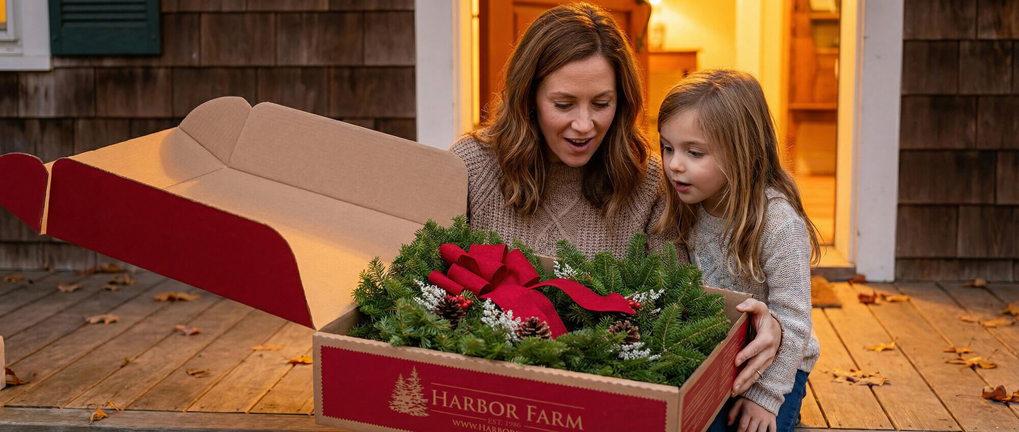 Handcrafted fresh Christmas wreath for the front door delivered in a red gift box