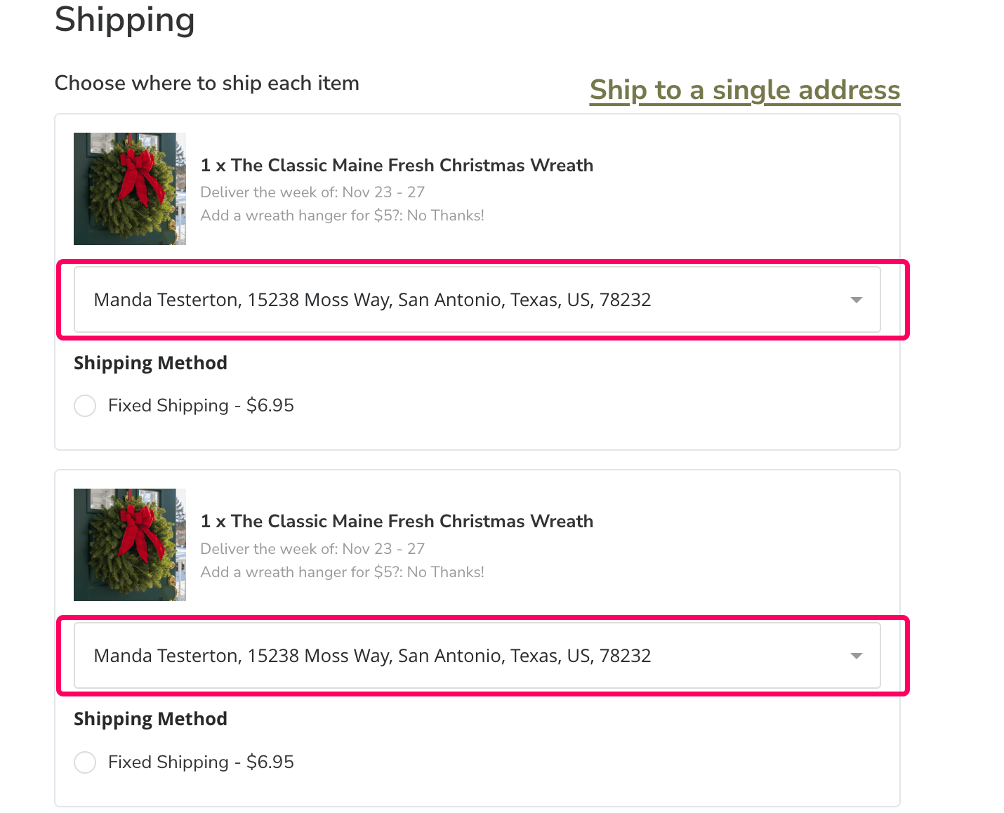 Checkout page showing individual address dropdowns