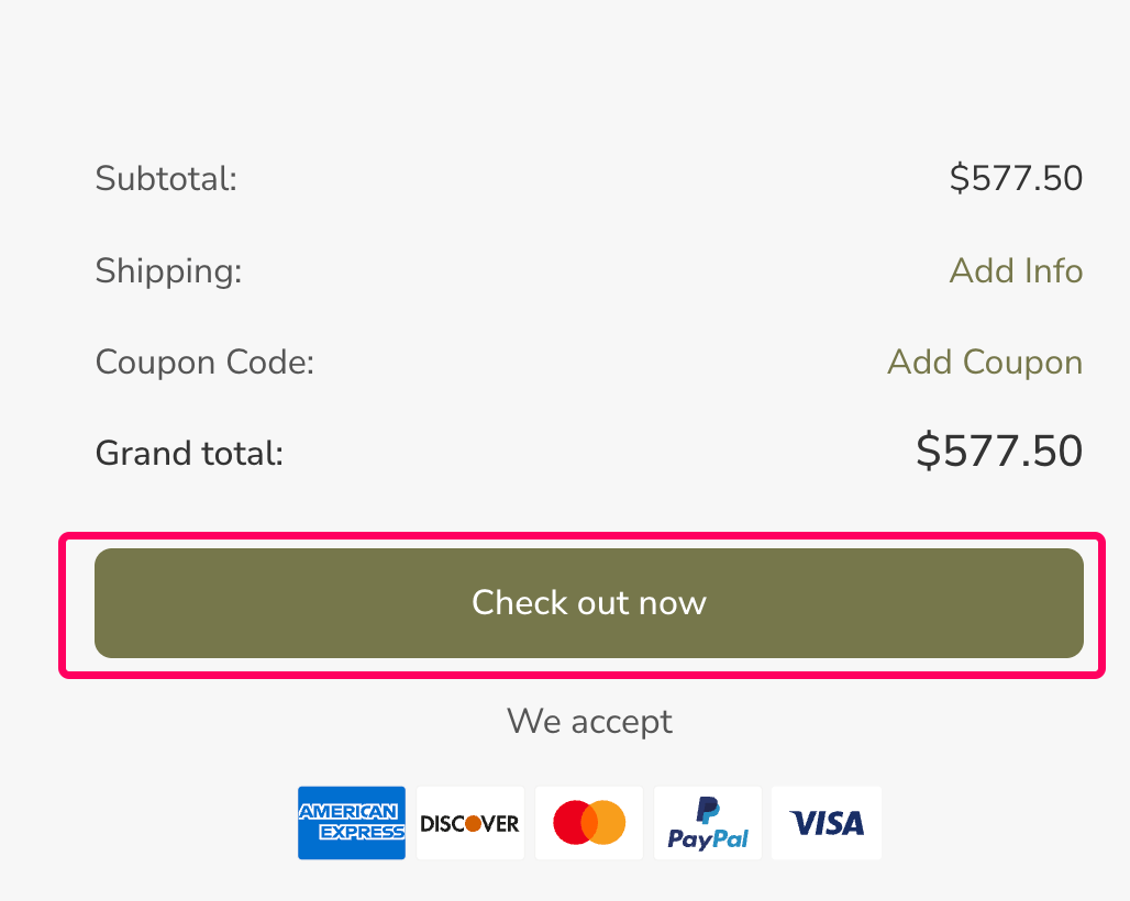Cart page showing the Check out now button