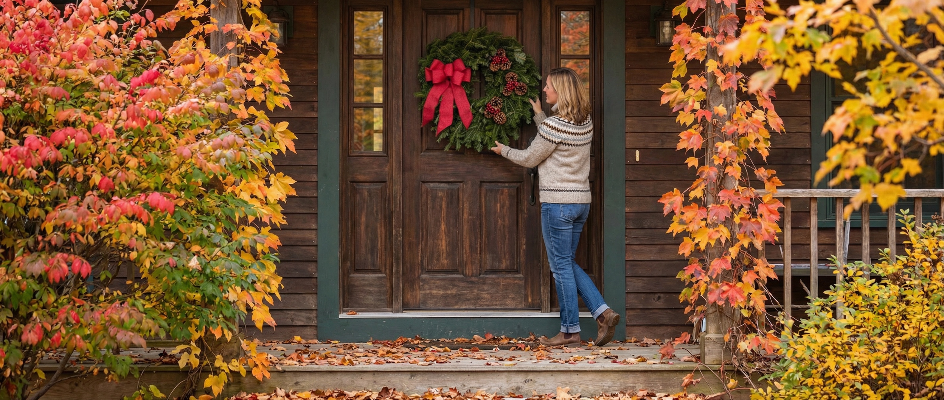 Woman hanging fresh Maine balsam wreath on farmhouse door
