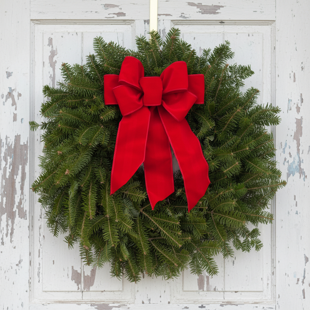 A close-up view of the Classic Maine balsam wreath with a red velvet bow hanging on a white, weathered farmhouse door.