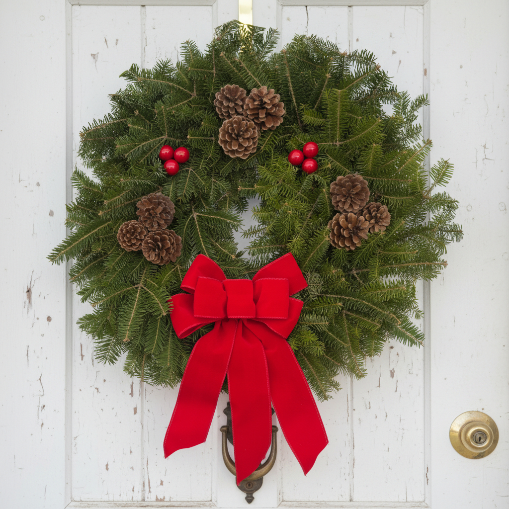 Close-up of a handmade Downeaster fresh Maine balsam wreath showcasing the lush needles and vibrant red berry clusters against white wood.