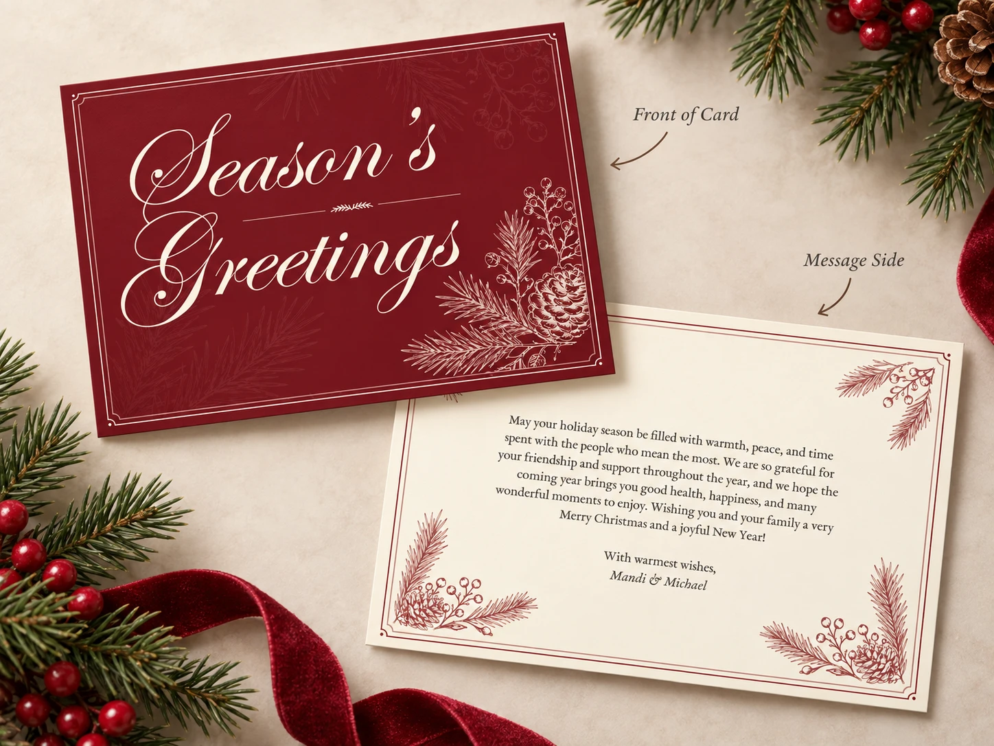 Harbor Farm Season's Greetings corporate holiday card showing the front and personalized message side