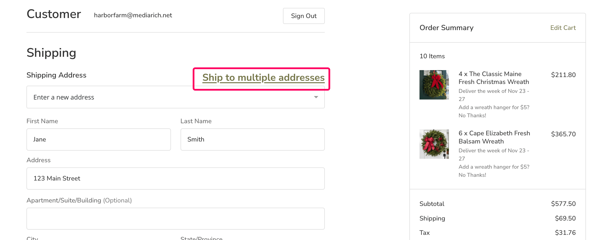 Checkout page showing the Ship to multiple addresses link