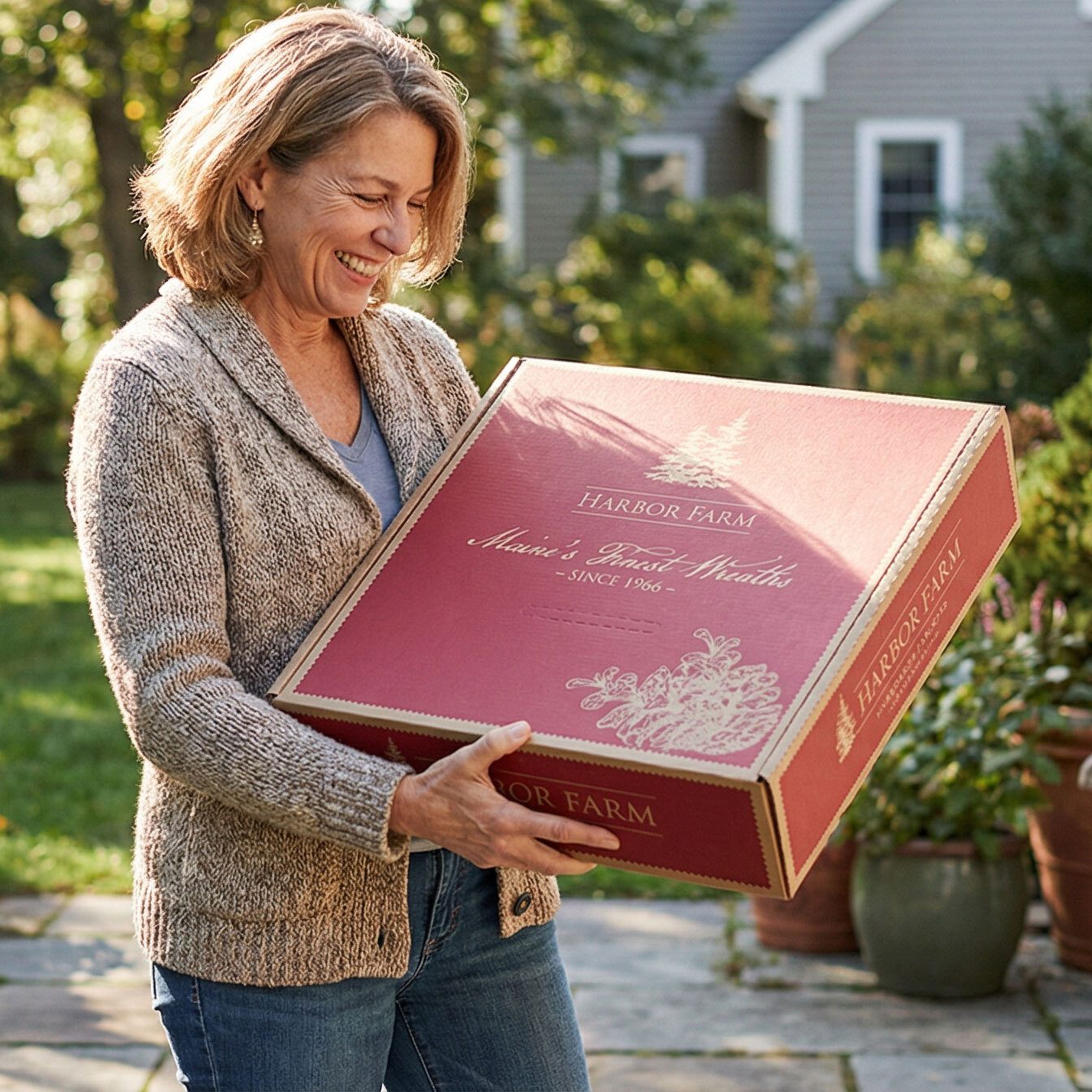 Woman receiving Harbor Farm red gift box