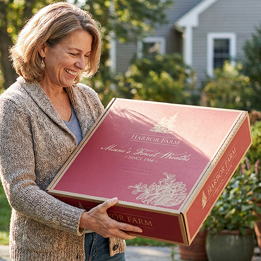 Woman smiling holding a Harbor Farm gift box