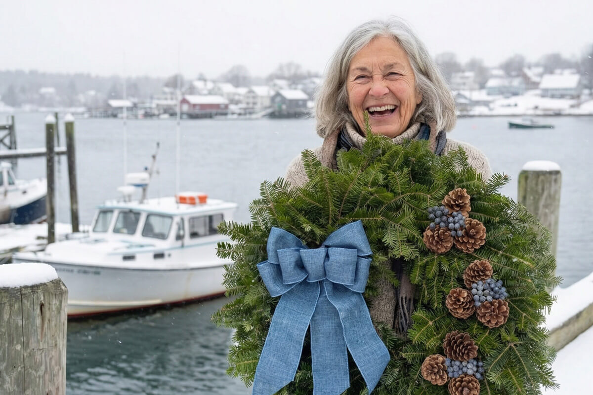 Bar Harbor Live Balsam Wreath held by woman at Maine harbor in snow
