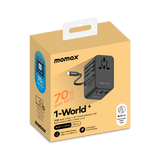 MOMAX 1-WORLD 70W GAN 3 PORT WITH BUILT-IN USB-C CABLE AC TRAVEL ADAPTOR- Chikili.com