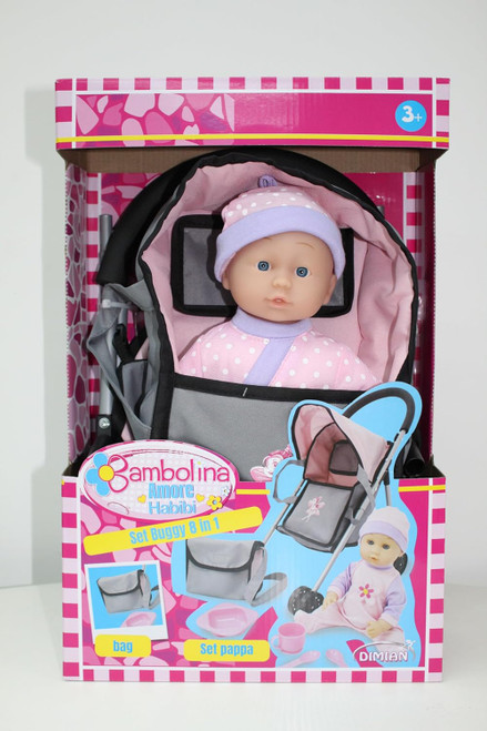 BAMBOLINA SET BUGGY 8 IN 1 WITH 29CM DOLL + CARRIER BAG+ HANDBAG + 4PC ACC- Chikili.com