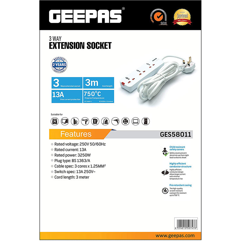 Geepas 3 way Extension Socket, 3m GES58011