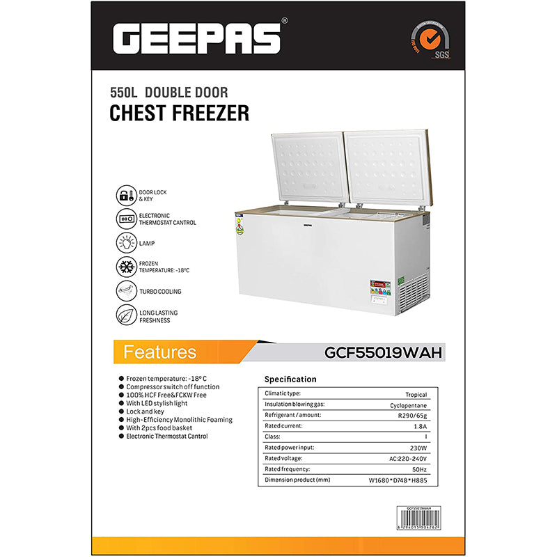 Geepas 550L Double Door Chest Freezer GCF55019WAH