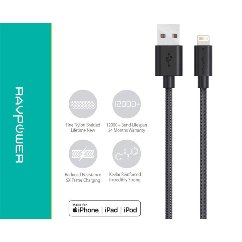 RavPower 1.2m Braided Lightning Cable CB012Best Price in Doha, Qatar